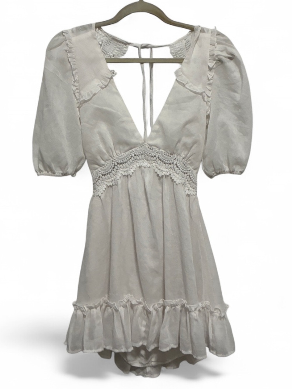 Lulus White Lace-Trim Puff Sleeve Low Neckline Tie Back Feminine Mini Dress